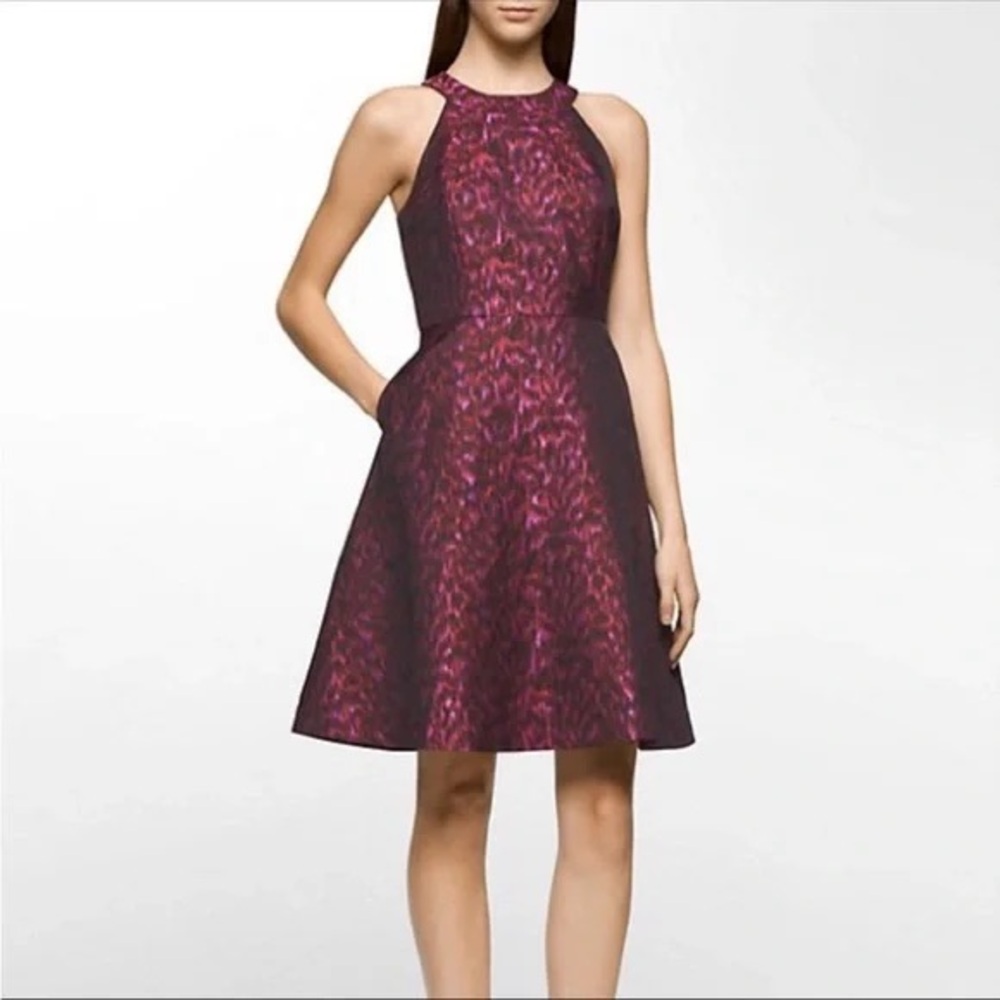 Calvin Klein Pink Red Jacquard Halter A Line Fit & Flare Cocktail Party Dress